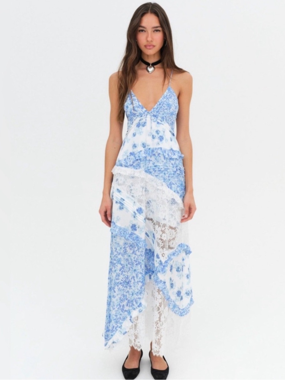 For Love and Lemons Rosalyn Maxi Dress in Blue and White